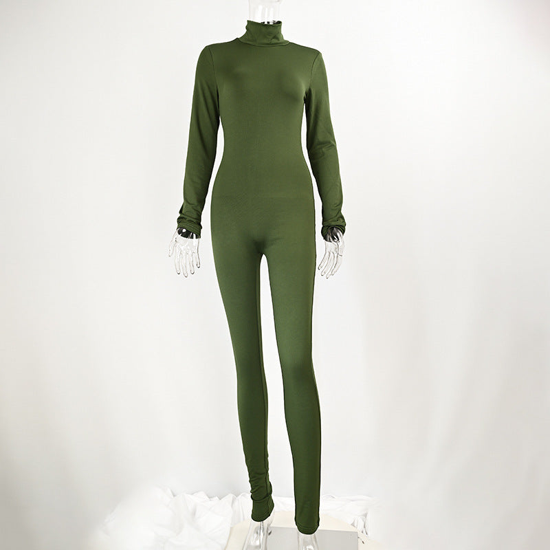 Solid Color Tight Long Sleeve Fleece-lined Yoga Jumpsuit