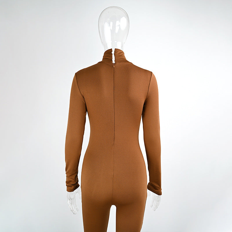 Solid Color Tight Long Sleeve Fleece-lined Yoga Jumpsuit