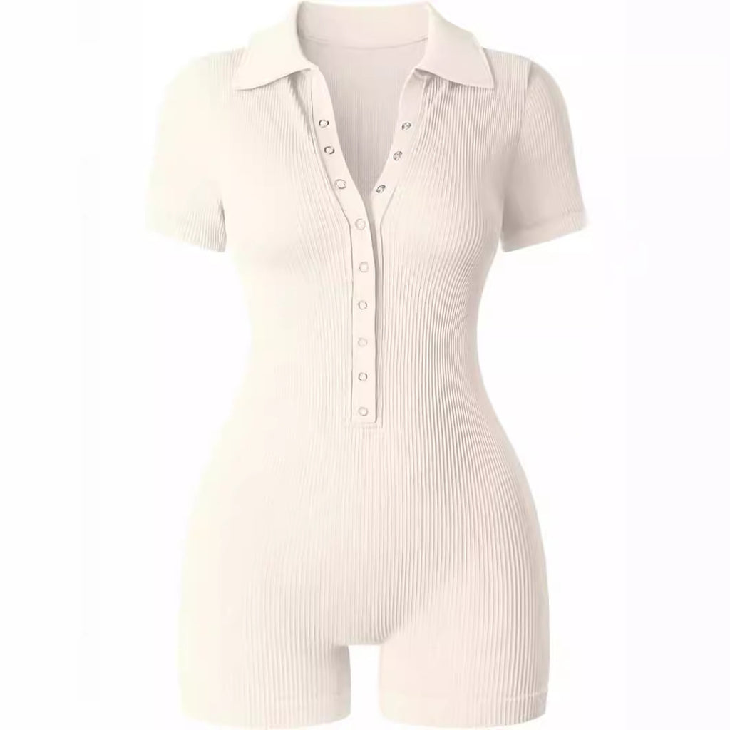 Ribbed V-neck Elastic Waist-tightening Jumpsuit