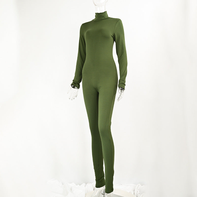 Solid Color Tight Long Sleeve Fleece-lined Yoga Jumpsuit