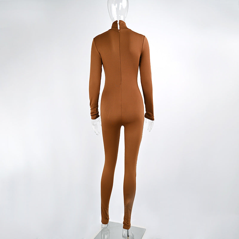 Solid Color Tight Long Sleeve Fleece-lined Yoga Jumpsuit